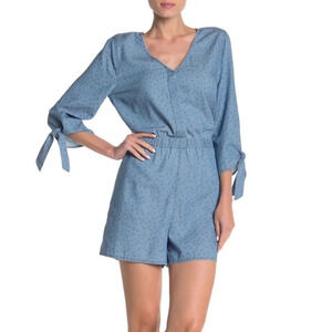 NWT Susina Romper Chambray Geo Tie Sleeve Button Up Size XXS (fits like a S)